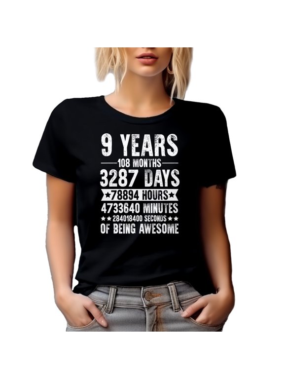 9 Years of Being Awesome - Months, Days, Hours, Minutes, Seconds, Black T-Shirt, Medium
