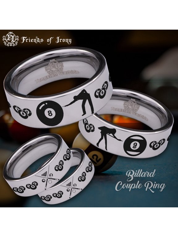 9 and 8 Ball Billards Couple Tungsten Carbide Ring