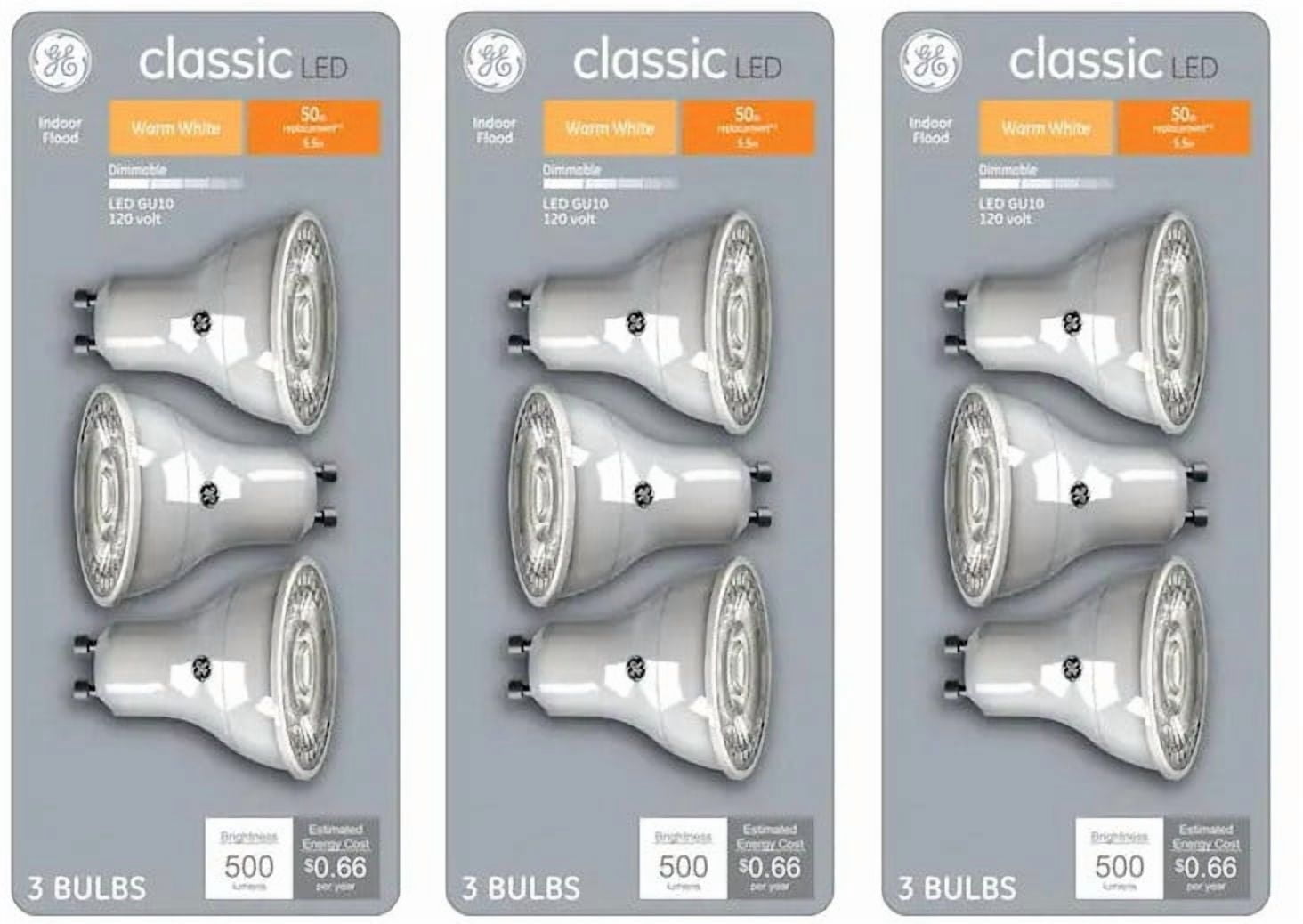 (9 bulbs) GE classic LED MR16, Dimmable, 5.5 watt, 50 watt equivalent, Warm White Flood Light Bulb GU10 pin base