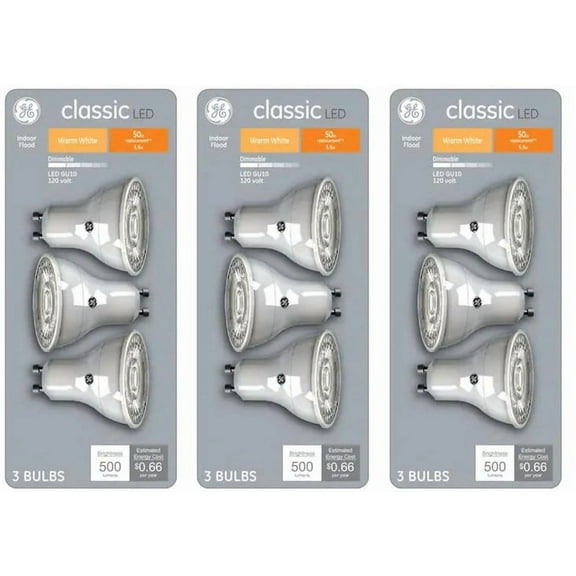 (9 bulbs) GE classic LED MR16, Dimmable, 5.5 watt, 50 watt equivalent, Warm White Flood Light Bulb GU10 pin base