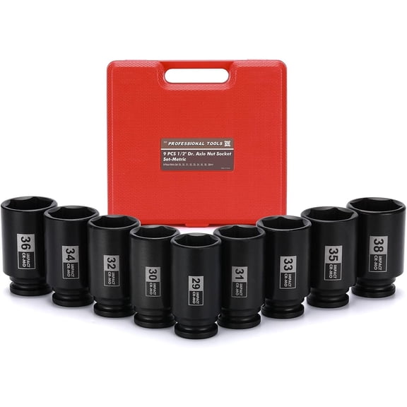 9 count 1/2 Inch Drive Deep  Socket Set, 29-38MM, Spindle Axle Nut Sockets, Metric, Deep, 6-Point, CR-MO