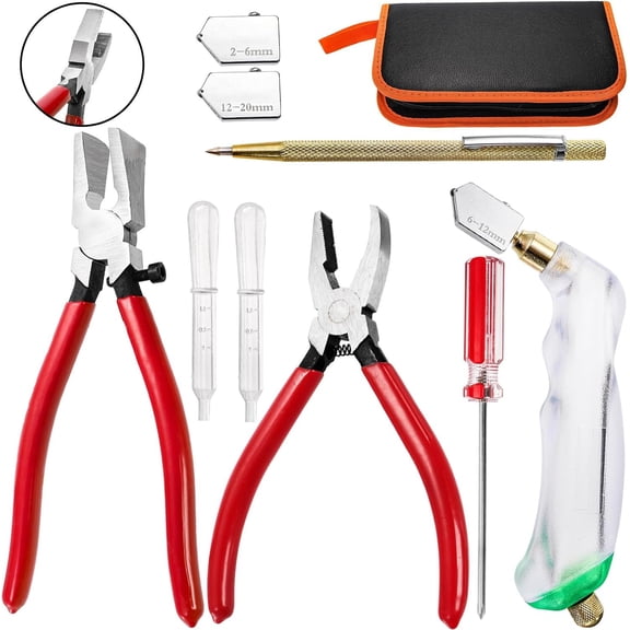 9 count Glass Running Breaking Pliers and Glass Kit, Breaker Grozer Pliers with Curved , Glass Tools for Stained Glass, Mosaics, Tile, Fusing, Breaking
