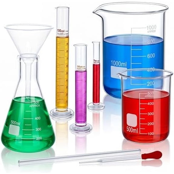 9 count Lab Glass Beaker Set Includes Glass Graduated Cylinder 500ml 1000ml Erlenmeyer Flask 500ml Graduated Cylinder Set 10ml 50ml 100ml with 1 Droppers 1 Stirring Rods Plastic Funnel