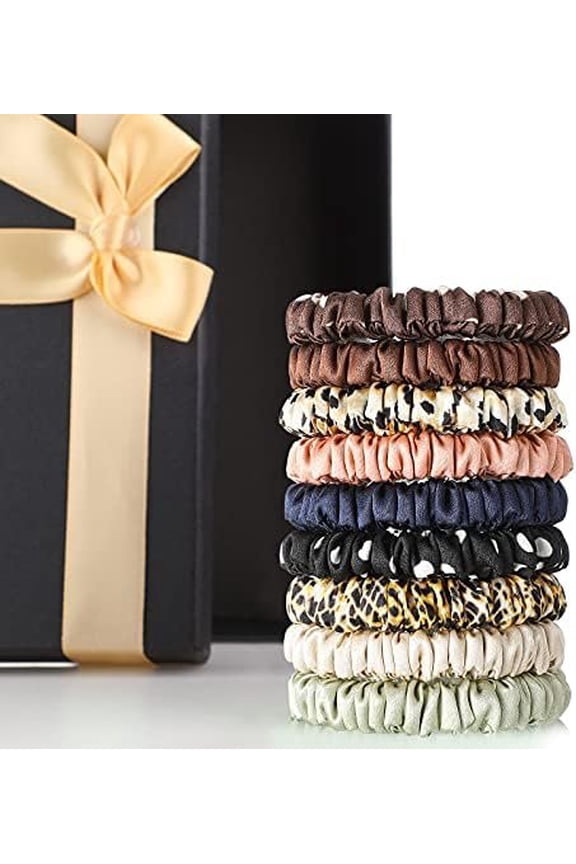 9 count Silk Scrunchies for Long Hair Silk Hair Ties Scrunchies for Women Girls Elastic Ponytail Holders with Box( Style,Dark Colors)