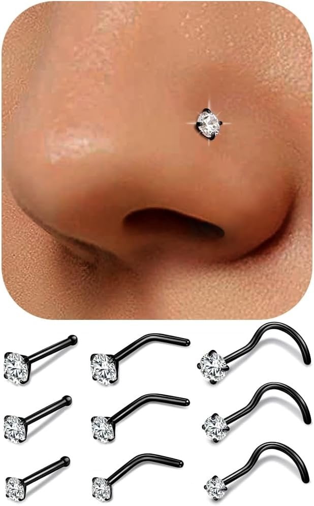 9 count Titanium Nose Rings Studs Set, 20G Nose Studs for Women Men - L ...