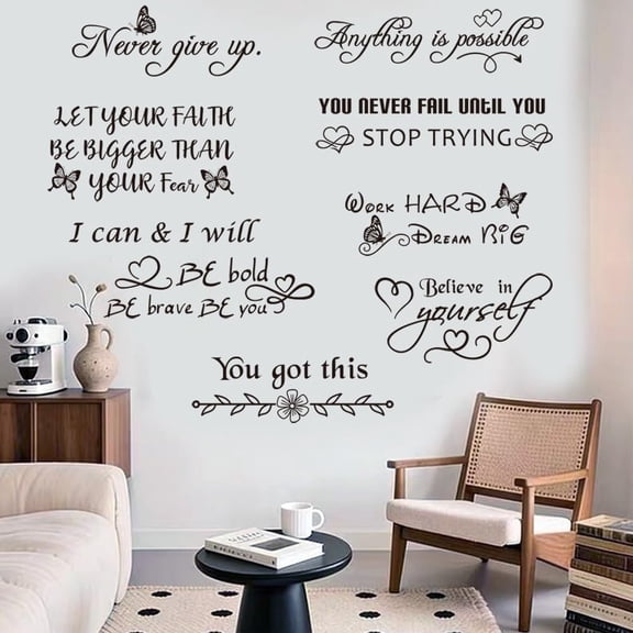 9 count Vinyl Wall Quotes Inspirational Wall Stickers Peel and Stick Motivational Decal Never Give up Anything is Possible Art Decor for Bedroom Living Room Office Bathroom Decor.