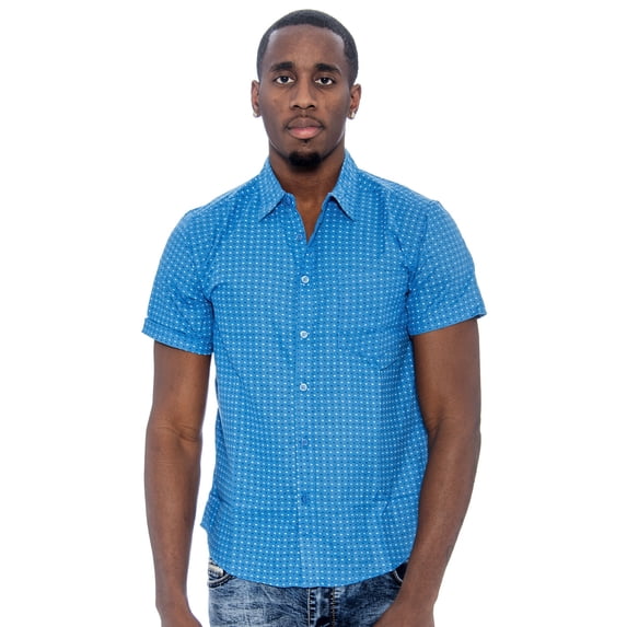 9 Crowns Men's TR Short Sleeve Patterned Button Down Shirt (126-sky Blue, Medium)