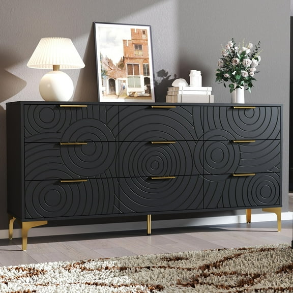 Modern 9 Drawer Dresser 62.9 Inch Wide Chest of Drawers with Elegant Scroll Pattern for Bedroom Living Room or Hallway Black
