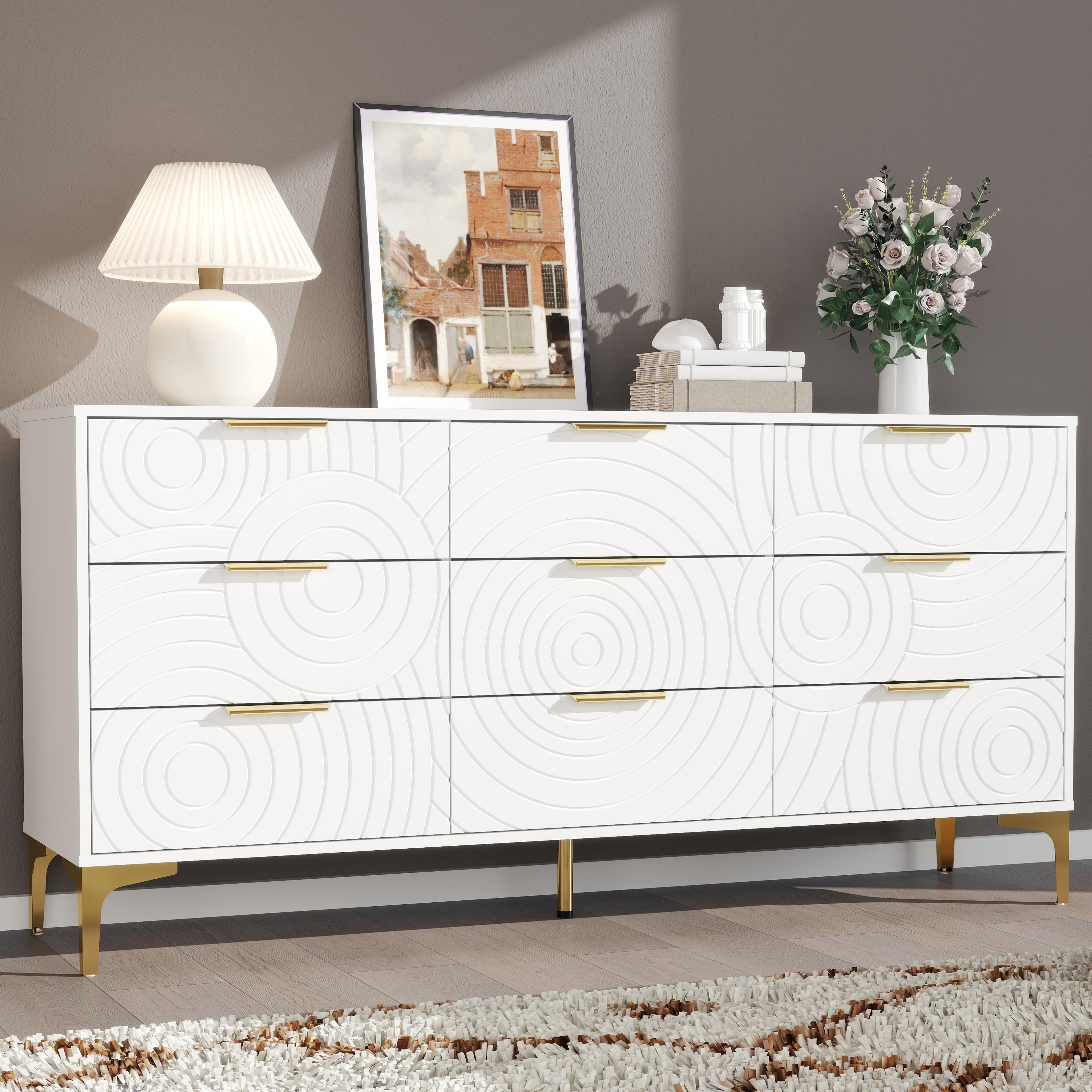 Modern 9 Drawer Dresser 62.9 Inch Wide Chest of Drawers with Elegant Scroll Pattern for Bedroom Living Room or Hallway White