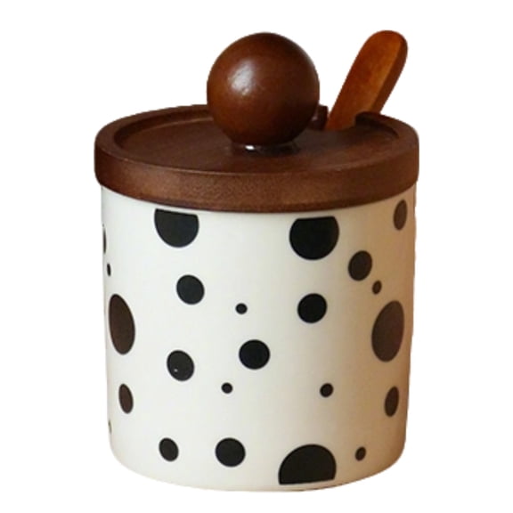 9 fl oz / 265 ml Ceramic Condiment Jar with Wooden Spoon, Storage Container for Sugar, Salt, Spices, Cute Dot Design, Kitchen Countertop Organizer, 4.4 x 3.3 in / 11.1 x 8.4 cm