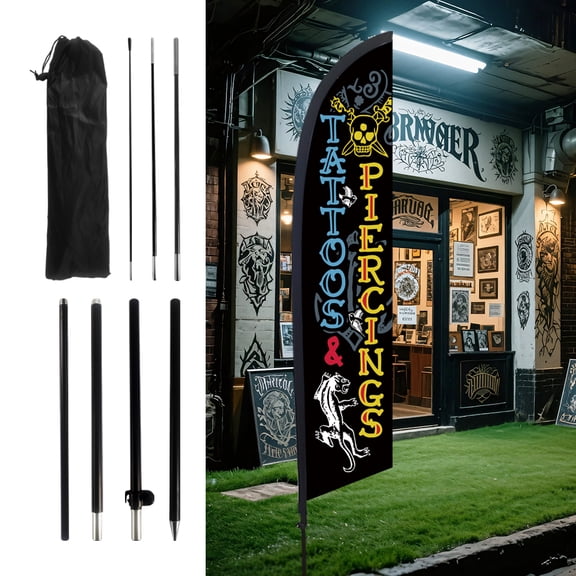 9-foot feather flagpole set including the flagpole, feather flag, and ground stake. Windproof and rust-resistant (for shop use).