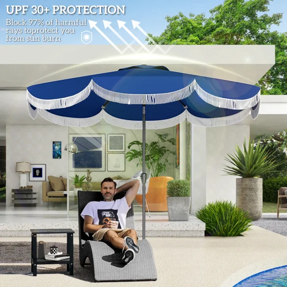 9-foot outdoor shade umbrella, UPF 30+ , ventilation patio table umbrella, with crank, 8 umbrella ribs, button tilt, suitable for backyard patio and lawn, navy blue