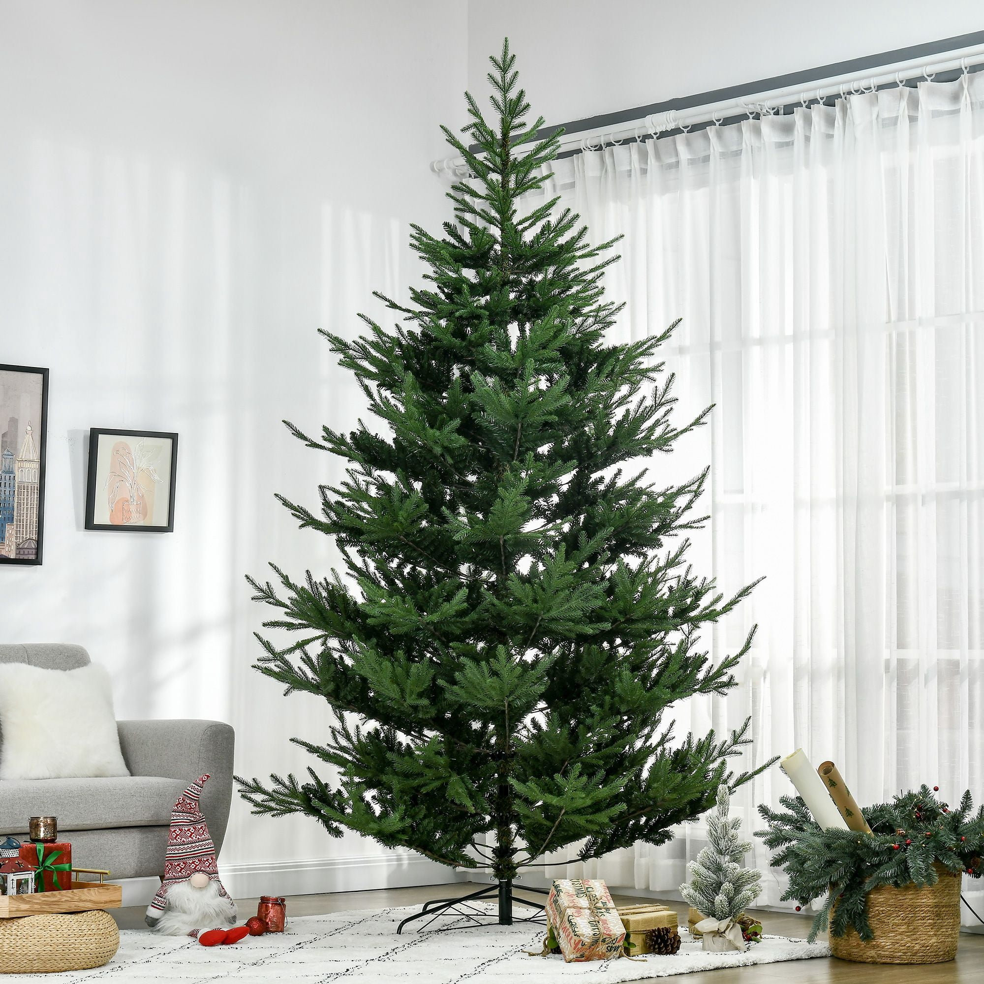 9 ft Artificial Christmas Tree, Pine Hinged Xmas Tree with 1939 Realistic Branches, Steel Base, Auto Open, 59.1 in Diameter, 106.3 in Height, Indoor Use