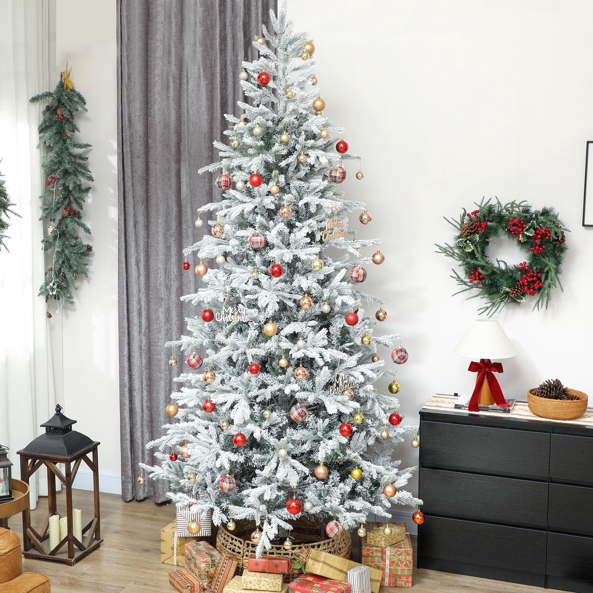 9 ft Artificial Frosted Christmas Tree with Realistic Branches, Wide Full Spruce, Hinged Xmas Tree, Easy Assembly