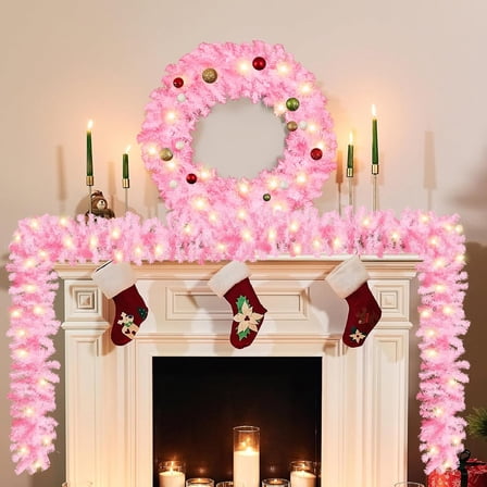 9 ft Faux Spruce Artificial Valentine's Day Garland LED Garland Warm Pine Prelit Battery Operated Lighted Decor for Seasonal Indoor Home Fireplace Mantle Tree Stair(4 Pcs,Light Pink)