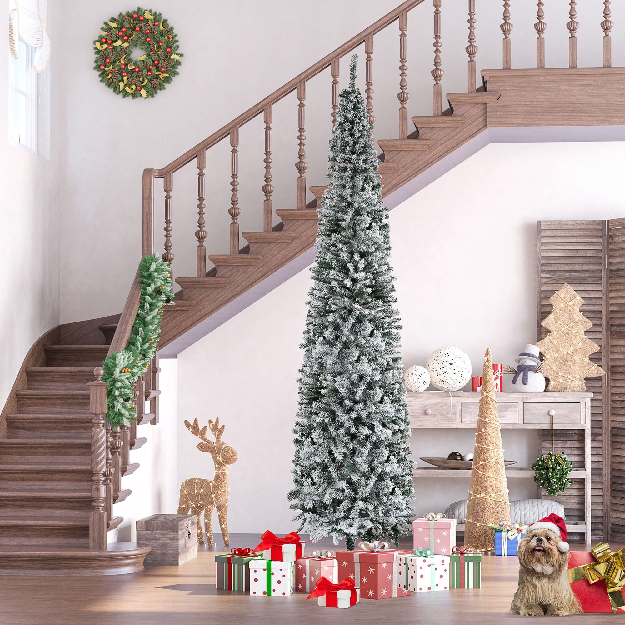 9 ft Flocked Artificial Christmas Tree, Slim Unlit Pine with 1014 Tips, Hinged PVC, Indoor Holiday Decoration