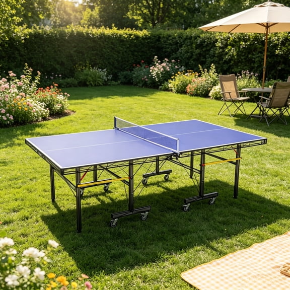 9 ft Folding Ping Pong Table Top, Table Tennis Conversion Top for Billiard & Pool Tables, Includes Net & Foam Padding, Indoor Ping Pong Table for Home & Game Room, Blue(Table tennis tabletop only)