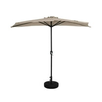 9 ft Half Market Umbella with Black Round Free Standing Plastic Base, Beige