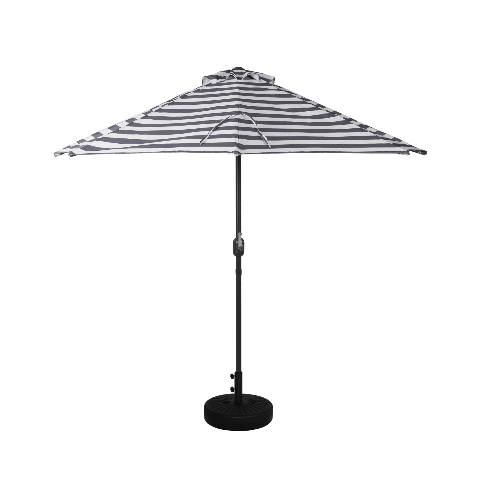 9 ft Half Market Umbella with Black Round Free Standing Plastic Base, Black/White Stripe