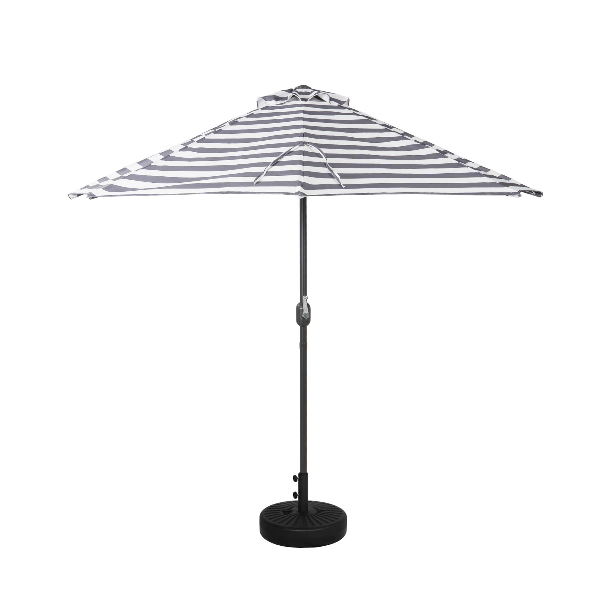 9 ft Half Market Umbella with Black Round Free Standing Plastic Base, Gray/White Stripe