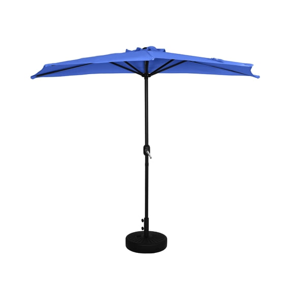 9 ft Half Market Umbella with Black Round Free Standing Plastic Base, Royal Blue