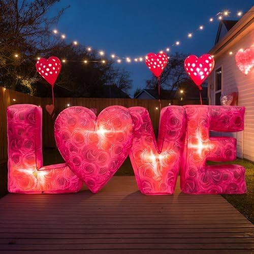 9 ft Long Valentine's Day Inflatable Outdoor Decoration Inflatable Red Rose Love Letters with Build-in LED Lights Romantic Valentines Blow up Yard Decor for Home Wedding Ceremony Yard Lawn