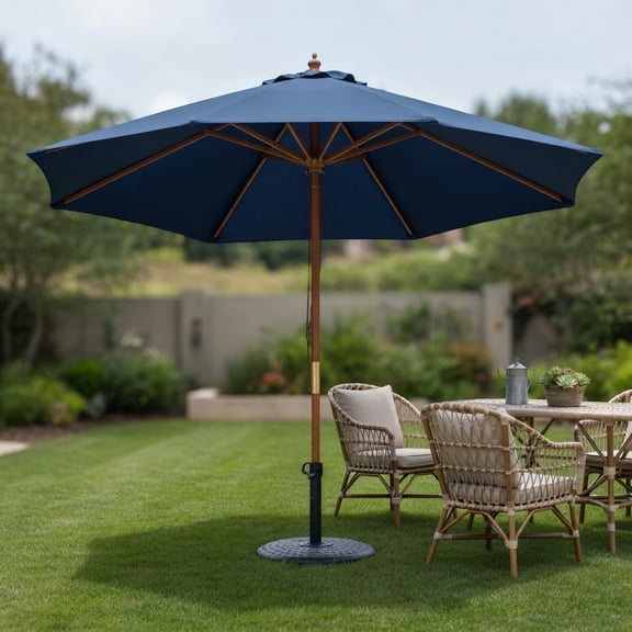 9 ft Outdoor Patio Umbrella with 8 Bamboo Ribs,Navy, Beige & Brown Options,Heavy-Duty Polyester Canopy, Ventilated Desig
