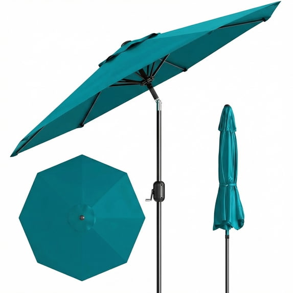 9 ft Patio Umbrella,8 Ribs Outdoor Market Table Umbrella with Crank Lift Push Button Tilt,Turquoise blue