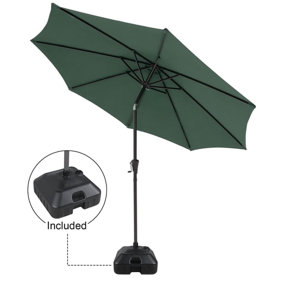 9 ft Patio Umbrella with Patio Market Umbrella Base, Outdoor Table Market Umbrella with Water/Sand Self-Filled Base, Push Button Tilt/Crank, 8 Ribs, Dark Green