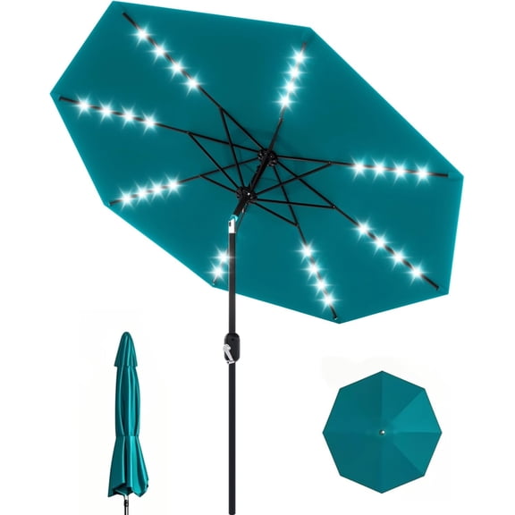 9 ft Patio Umbrella with Solar Lights, 8 Ribs Outdoor Market Table Umbrella with 32 LED Lights & Tilt Crank for Pool, Deck, Backyard, Turquoise Blue