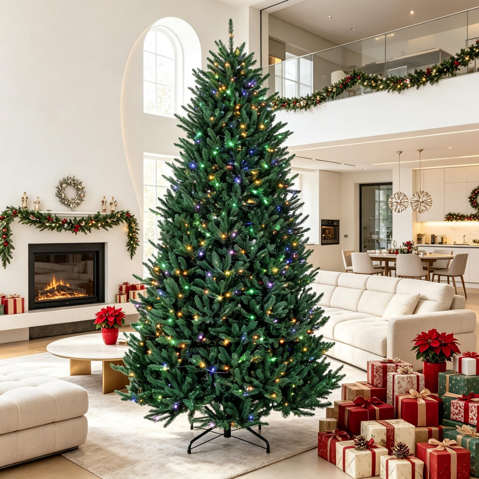 9 ft Pre-Lit Christmas Tree with Dual-Color LED Lights, 880 Lights, 3409 Tips, Hinged PVC Foliage and Metal Stand