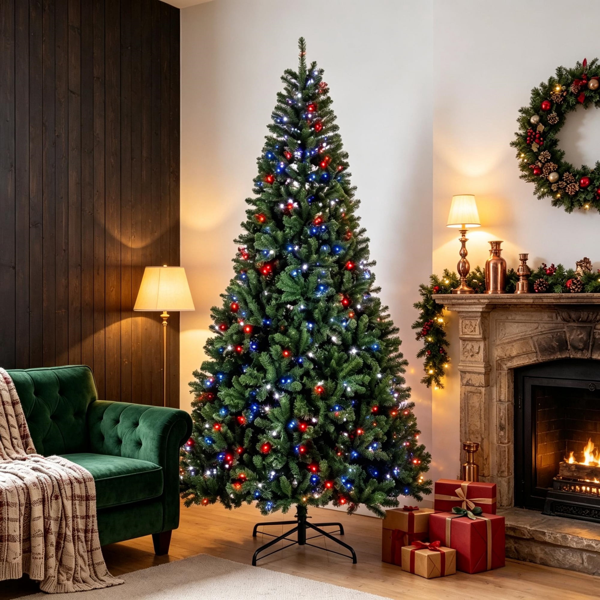 9 ft Pre-Lit Christmas Tree with RGB Dynamic LED Lights, Remote Control, 650 Lights, 2712 Branch Tips, Hinged Sections, Indoor Holiday Decoration