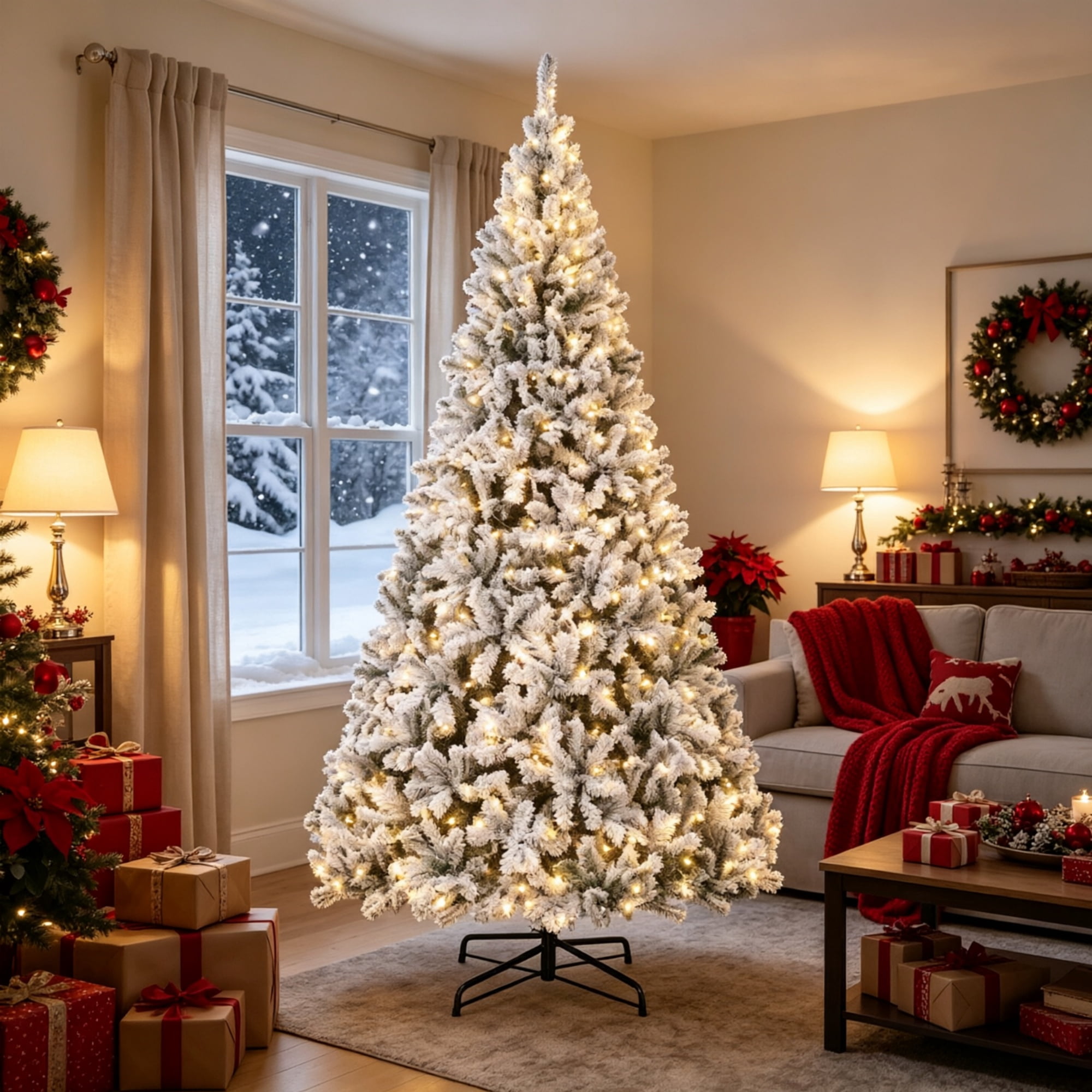 9 ft Pre-Lit Flocked Christmas Tree with 600 Warm White Lights, Hinged Branches, 1852 Tips, Foldable Steel Stand for Indoor Holiday Decor