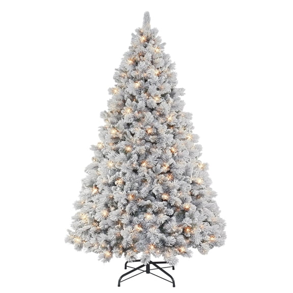 9 ft Pre-Lit Flocked Traditions Pine Tree 900 Clear Incandescent Lights with Foot Pedal