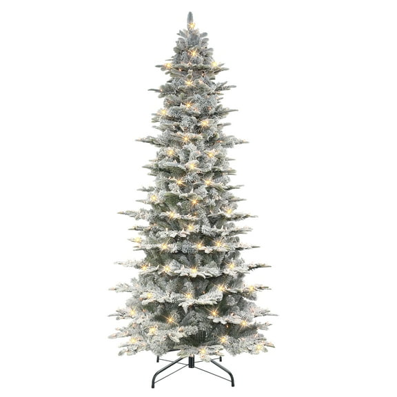 9 ft Pre-lit Slim Flocked Aspen Fir Tree 700 Clear Incandescent Lights On/Off Foot Pedal