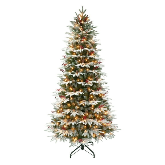9 ft Pre-lit Slim Flocked Halifax Fir Tree 700 Clear Incandescent Lights On/Off Foot Pedal