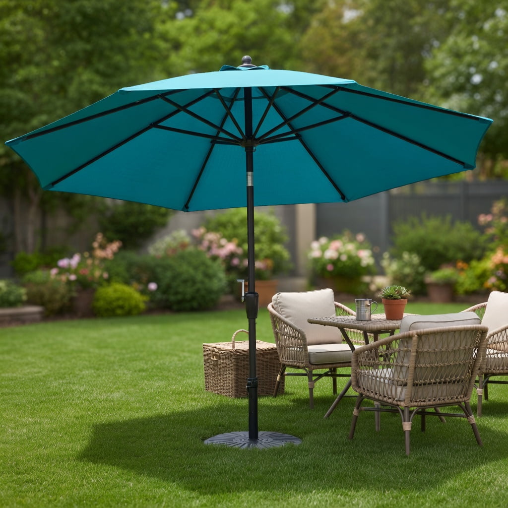 blue and tan patio umbrella 9ft with Base Remote Control, Entertain guests in style with this aluminum patio umbrella thats just as much functional as it is a decorative piece UV Resistant Blue & White