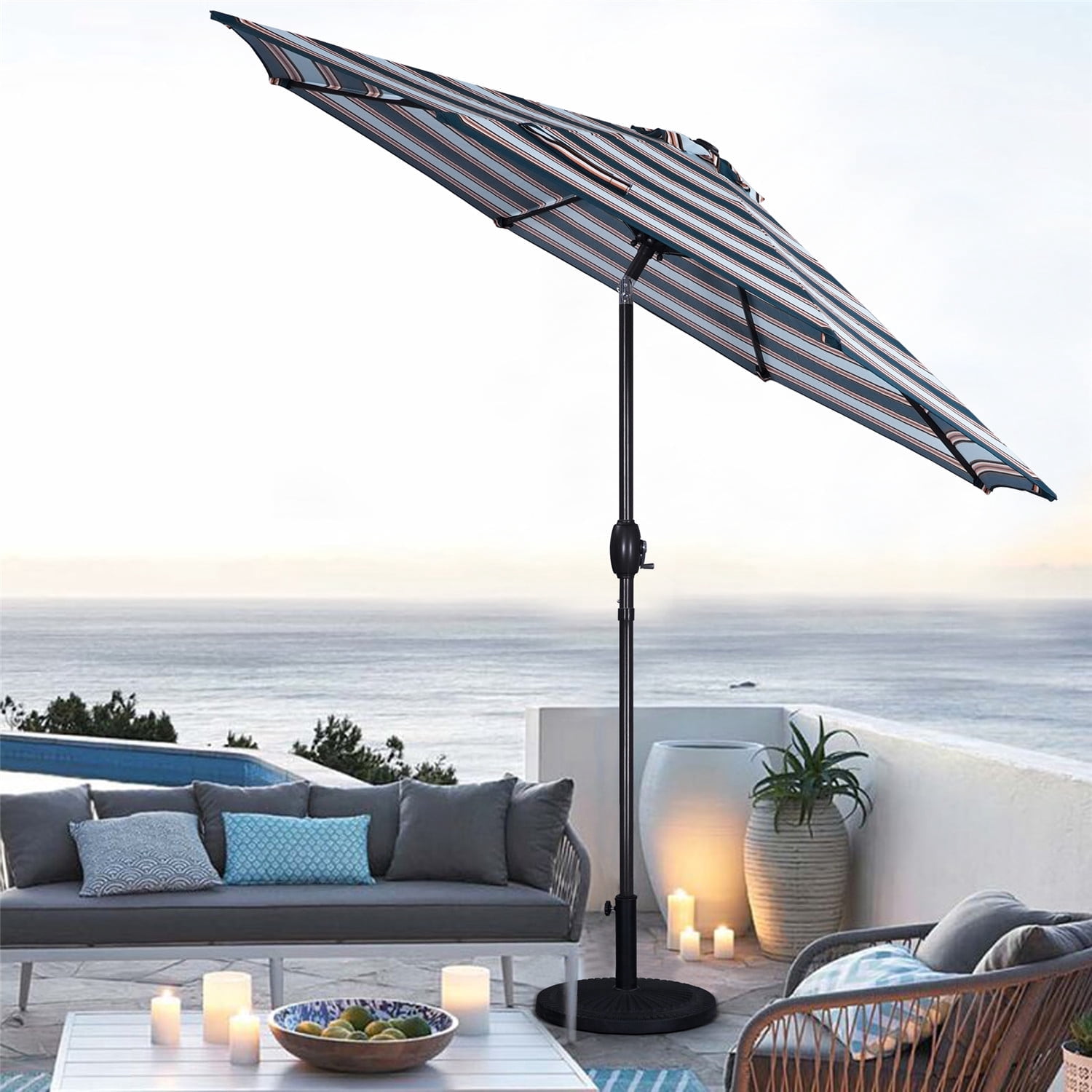 blue striped patio umbrella UV Resistant & White 9' Auto Tilt Outdoor – The Well Appointed House Enhance your outdoor oasis with the Maui Single Scallop Striped 9Ft Crank Push Button Tilt Umbrella Cubilan 9 ft. Market Outdoor