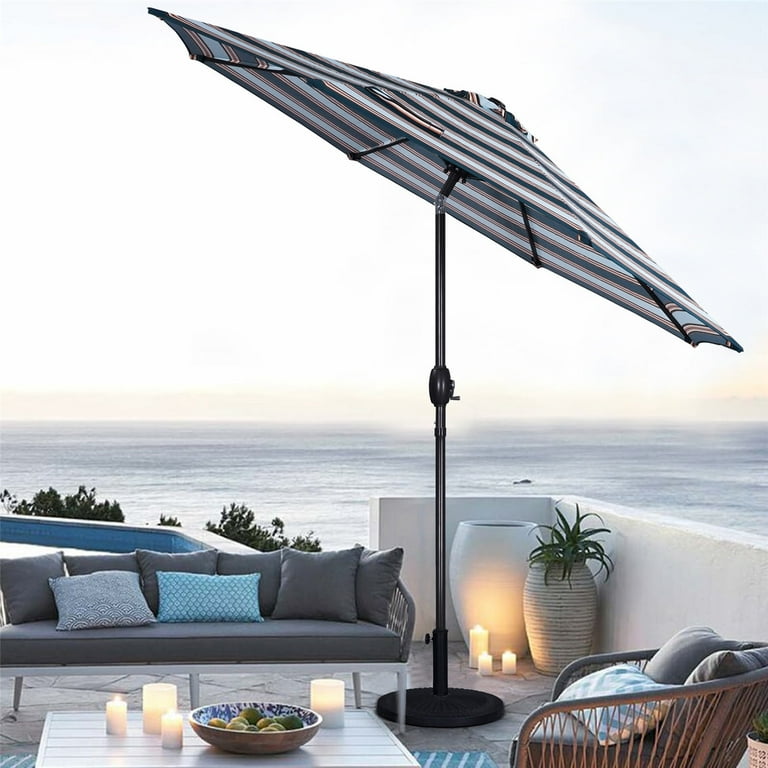 9 foot striped patio umbrella 9 ft Striped Patio Umbrella, Market Striped Umbrella with Push Button Tilt  and Crank(Blue & Brown Stripe)