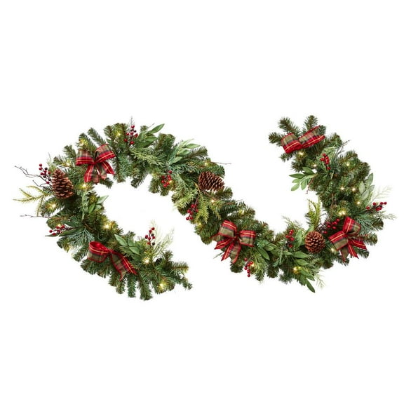 9 ft Woodmoore Battery Operated Mixed Pine LED Pre-Lit Artificial Christmas Garland with Timer