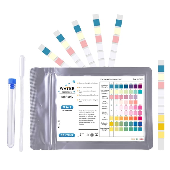9-in-1 Aquarium Test Strips, 50PCS Fish Tank Water Test Kit for Carbonate Hardness Nitrate Nitrite Free Chlorine Iron Total Alkalinity Ph Copper, for Pools Pond (50 PCS)