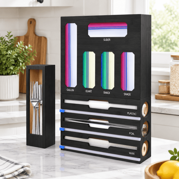 9-in-1 Black Kitchen Cabinet Organizer Dispenser for Foil, Wrap, and Ziplock Bags