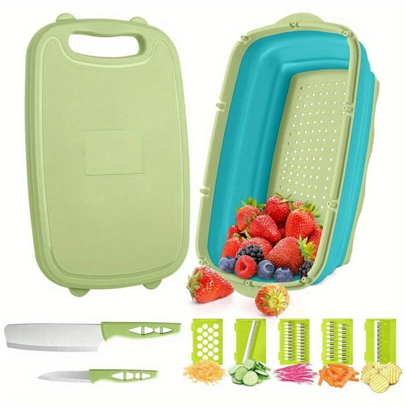 9-in-1 Camping Cutting Board Collapsible Chopping Board with Colander Multi Chopping Board Kitchen Vegetable Washing Basket Best Gifts for Campers Camping Accessories for RV Campers