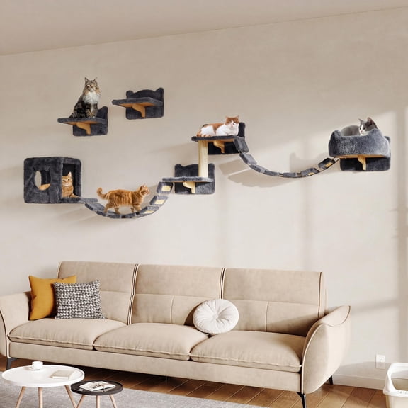 9-in-1 Cat Wall Shelves  Mounted Furniture Set With Plush Fabric Climbing Systems Cats Shelf Condos House Steps Bridge Ladder Grey