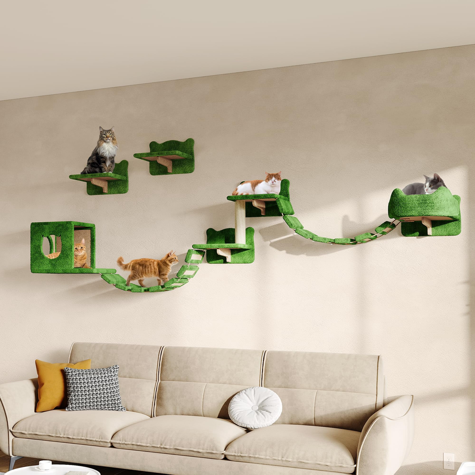 9-in-1 Cat Wall Shelves  Multi-level Mounted Cats Furniture Set With Plush Fabric Floor Space-saving Wooden Climbing Systems Bridge Ladder Condos Green