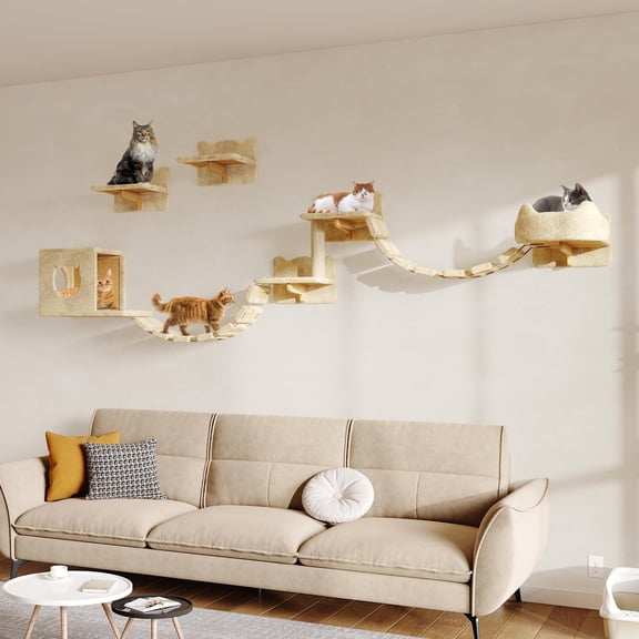 9-in-1 Cat Wall Shelves Stable & Safe Mounted Cats Shelf Furniture Set With Plush Fabric Wooden Climbing Systems Bridge Ladder Floor Space-saving Beige