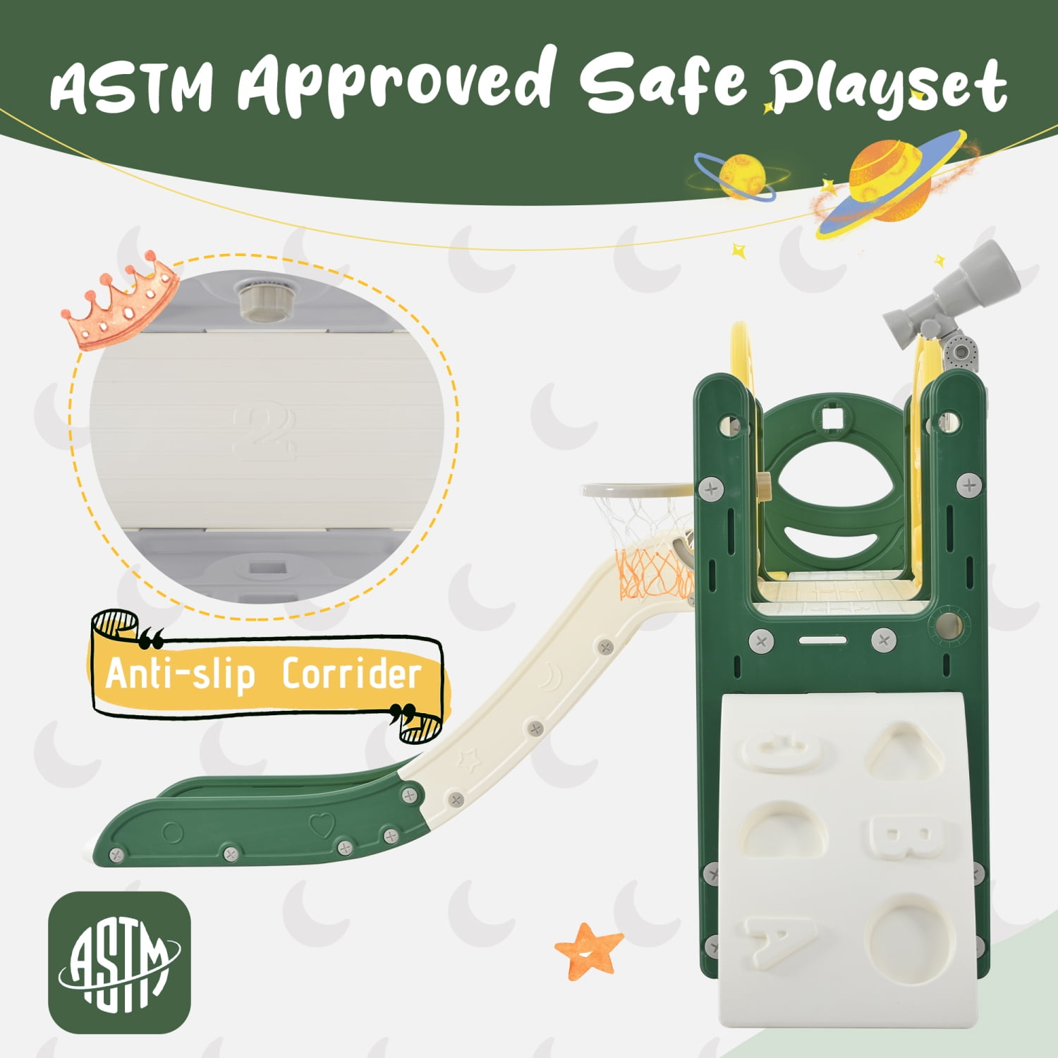 9in1 Colorful Kids Freestanding Spaceship Slide Playset with Arch