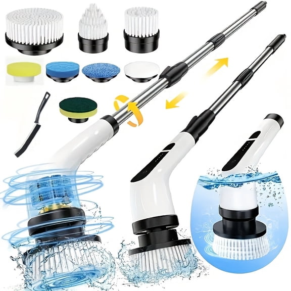 9-in-1 Cordless Electric Rotary Cleaning Brush, Adjustable Telescopic Handle & 2-Speed Motor, Heavy-Duty Scrubber for Floor, Bathroom, Tile, Kitchen, Wall & Multi-Surface Household Cleaner