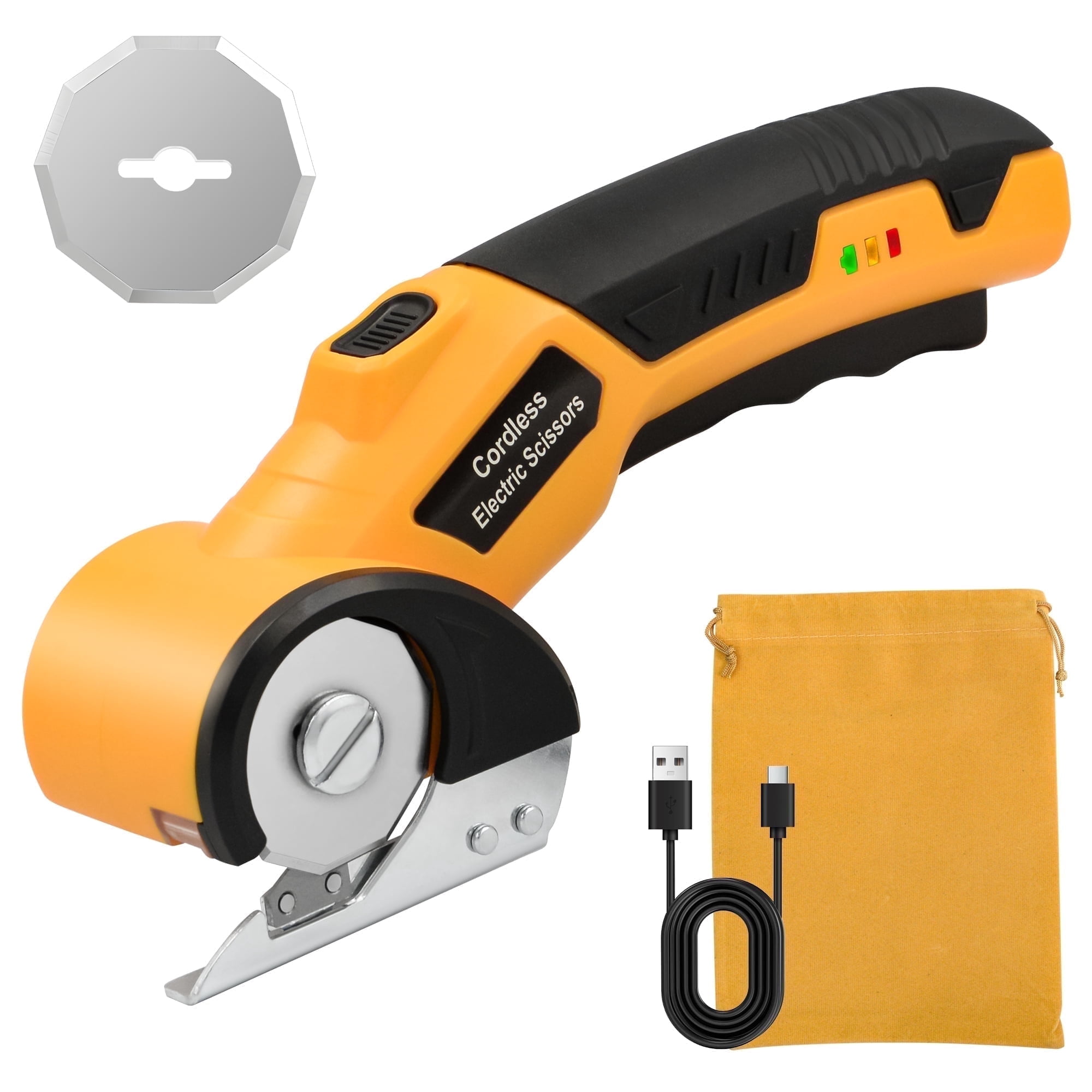 Cordless Electric Scissors, 4V Rechargeable Cardboard Cutter with LED Light ＆ Safety Lock for Fabric, Carpet, Leather, Plastic... (Yellow)