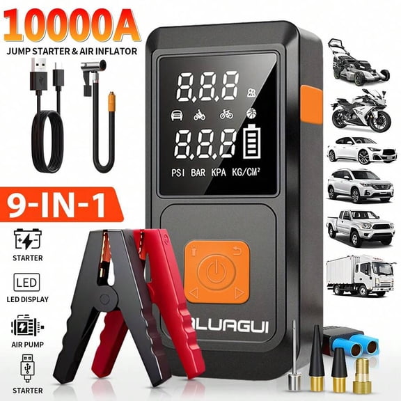 9-in-1 Emergency Jump Starter with Air Pump (150PSI), Car Battery Charger for Gas/Diesel Engines, Digital Tire Inflator, LED Light, Compact Multi-Function Emergency Kit for Outdoor